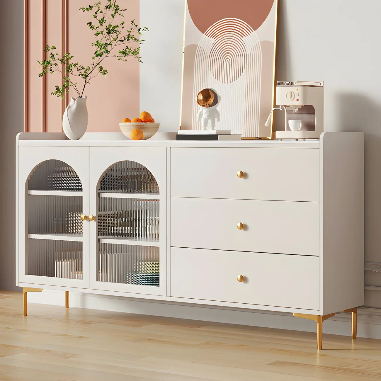Glam White Wooden Buffet Table with Drawers & Shelves