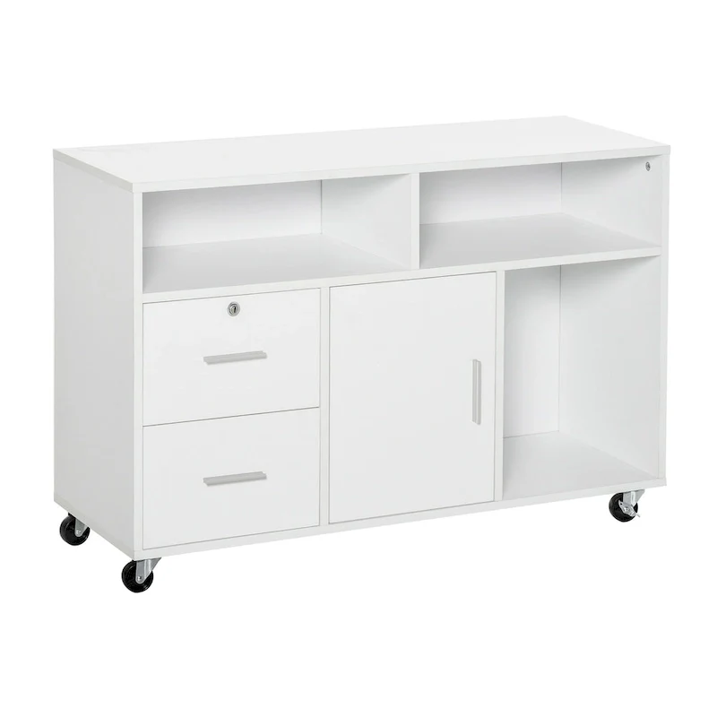 HOMCOM Printer Stand: Mobile Office Cabinet Organizer with Wheels and Drawer, White