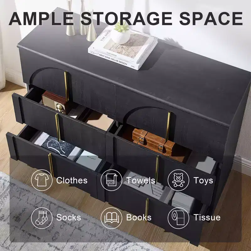 Arched 6 Drawers Dresser for Bedroom, 47.3 Wide Wooden Dresser with Metal Handle, Modern Storage Organizer for Bedroom, Living Room, Hallway