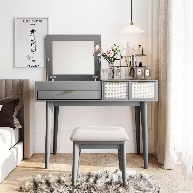White/Brown/Grey Flip-Top Mirror Vanity Desk with Stool, 1-Person