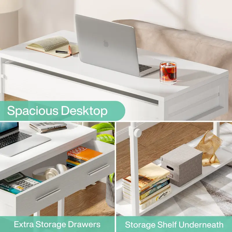 Height-Adjustable Side Table with Drawers and Wheels