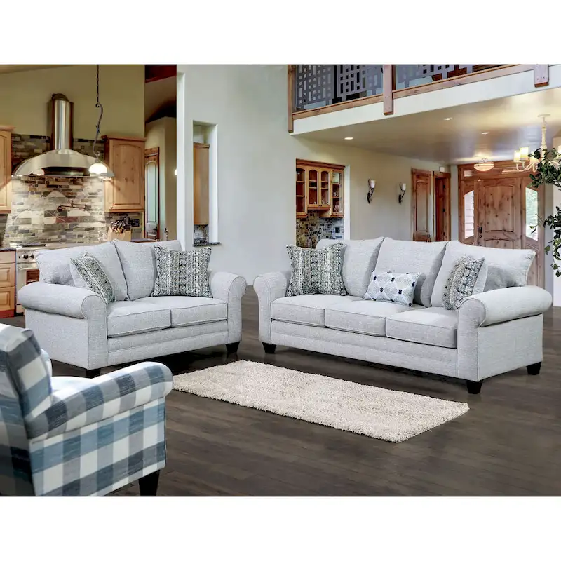 Grey Transitional Linen-Like Fabric Loveseat with Rolled Arms & Accent Pillows - Fits 2 People