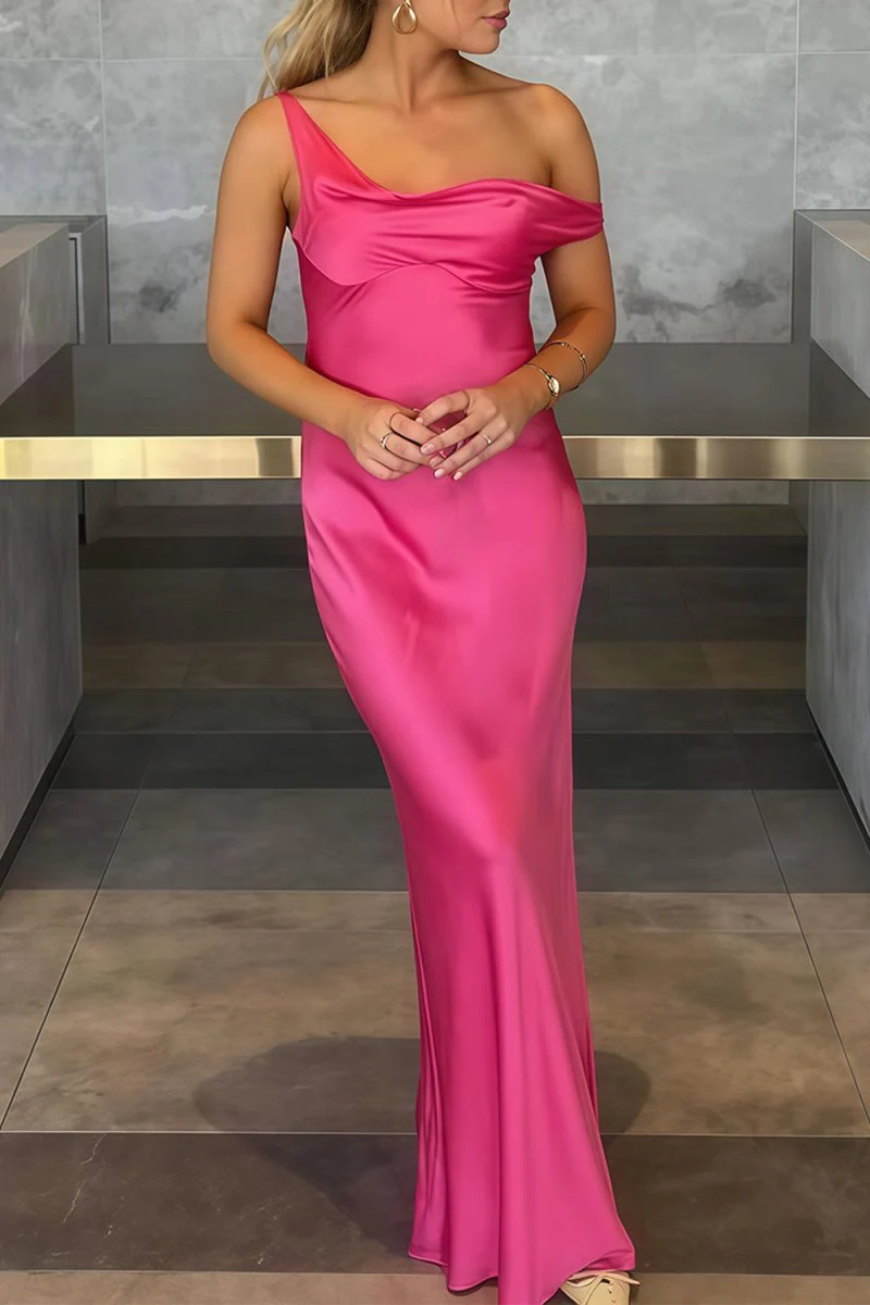 Fuchsia - One Shoulder Sheath Satin Long Prom Dresses