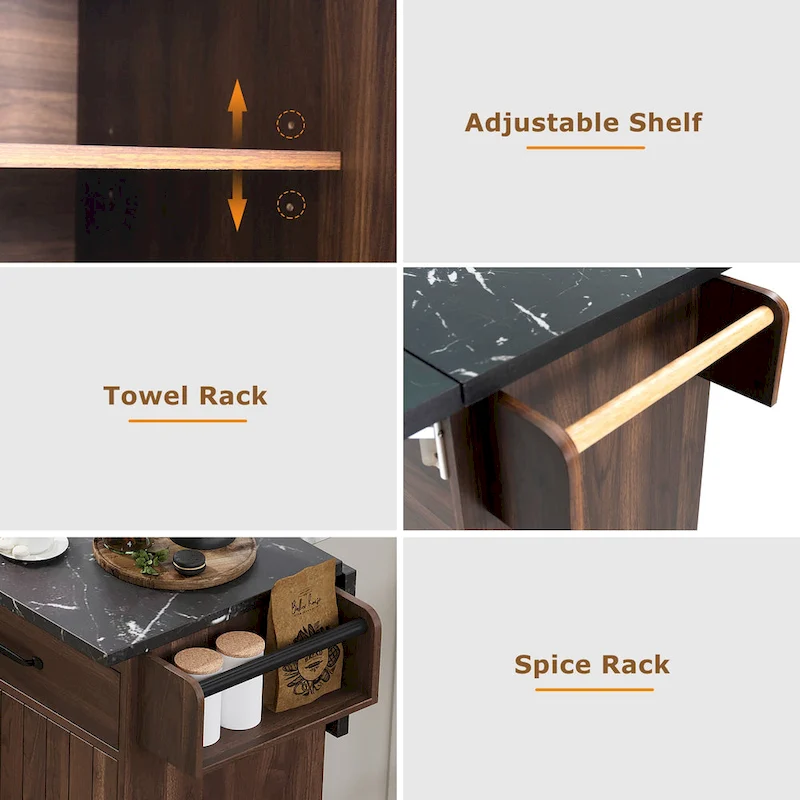 51 in. W Rolling Kitchen Island Cart with Drop Leaf and Tilt-out Trash Can