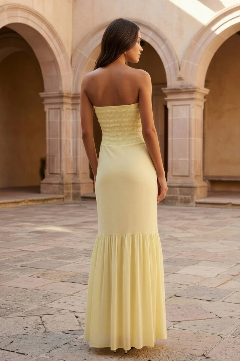 Yellow Strapless Sheath Chiffon Long Prom Dresses With Ruffles