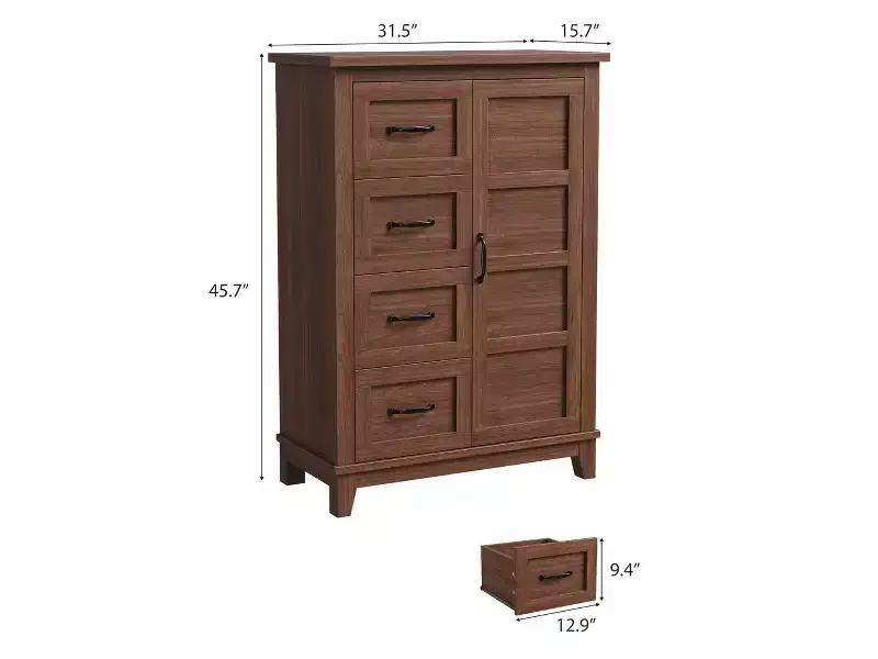 4 Bedroom Dresser, 45.7 Inches High Dresser with Doors, Vertical Dresser with Storage, Freestanding Wardrobe Dresser, Suitable for Bedroom, Walnut