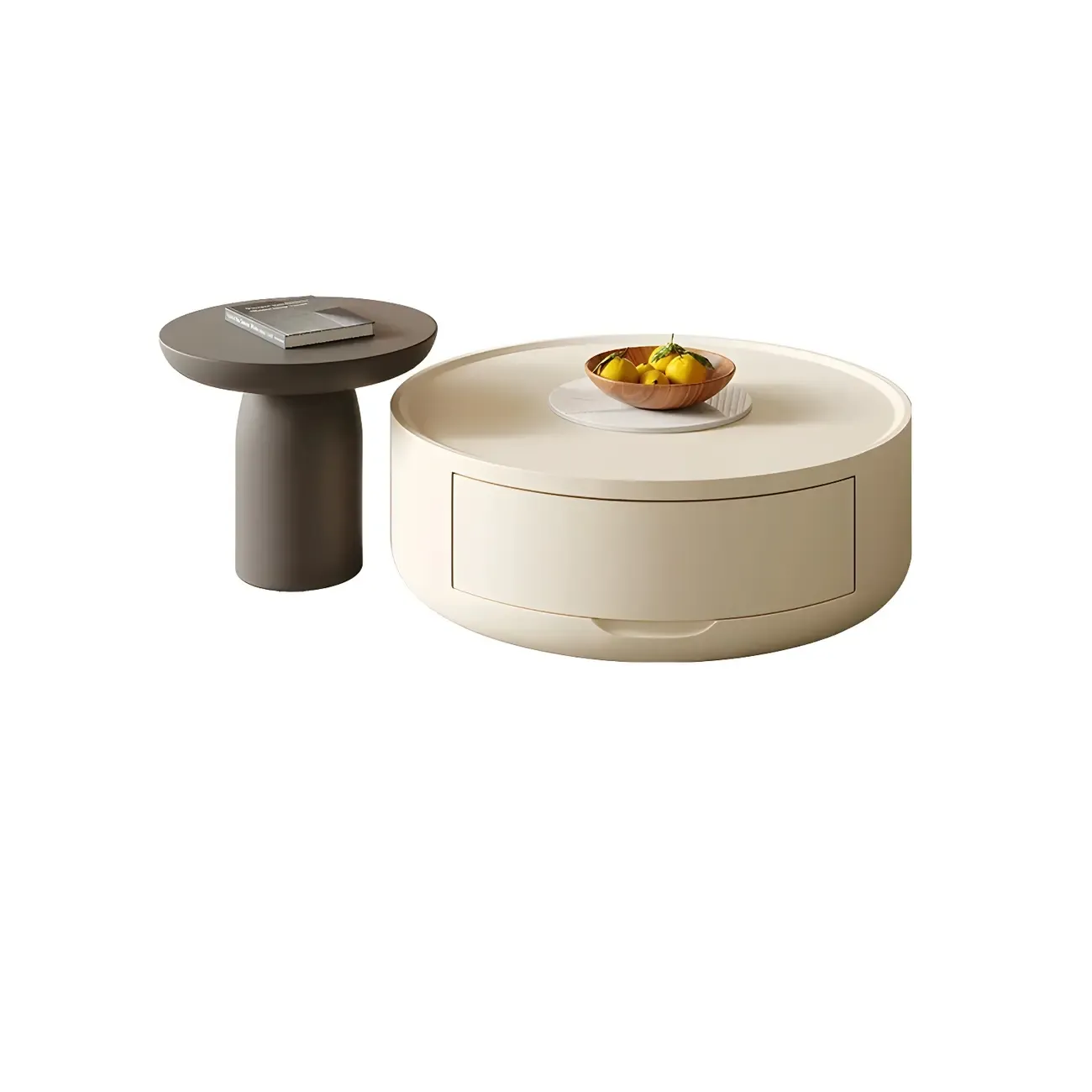 White Sleek Round Wood Drawer Coffee Table