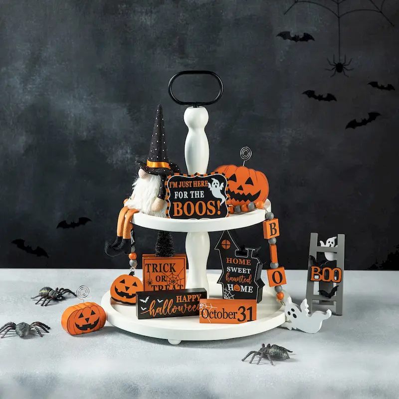 Glitzhome 18 H White Wooden Two-Tier Tray With Handle