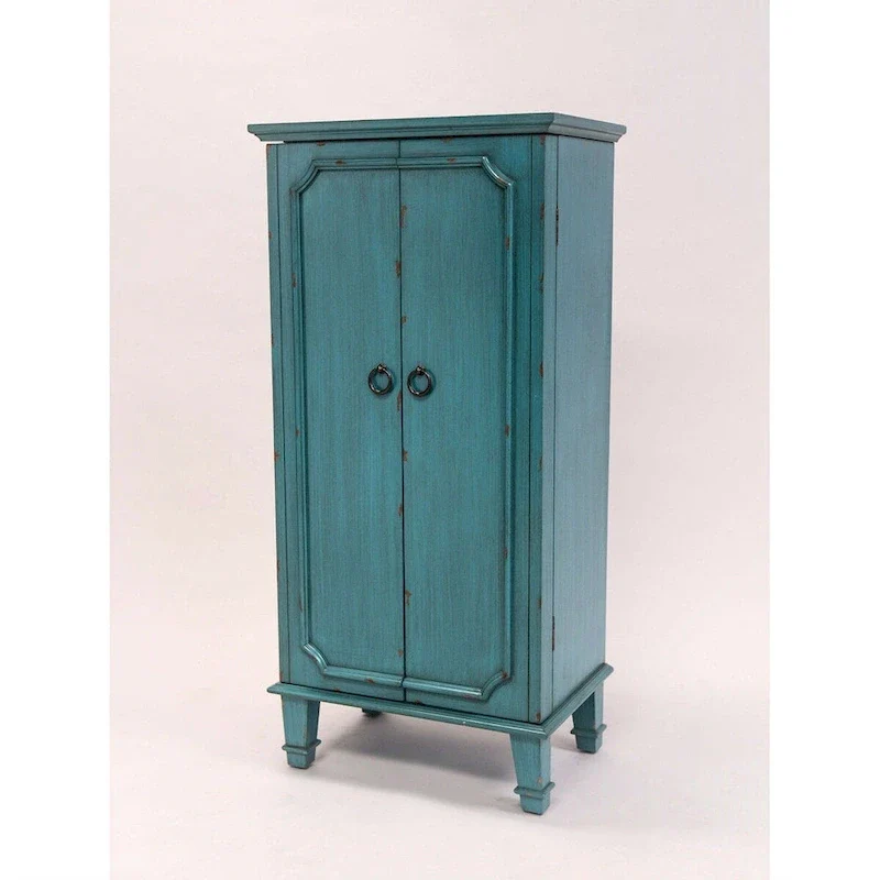 Vintage Turquoise Hand Painted Jewelry Armoire with Antique Drawer Pulls - 13.8 x 19 x 40 inches