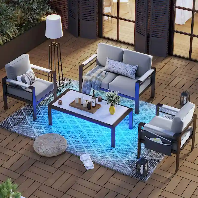4-Piece 4 Person Aluminum Patio Conversation Set with Cushions LED Coffee Table and Loveseat