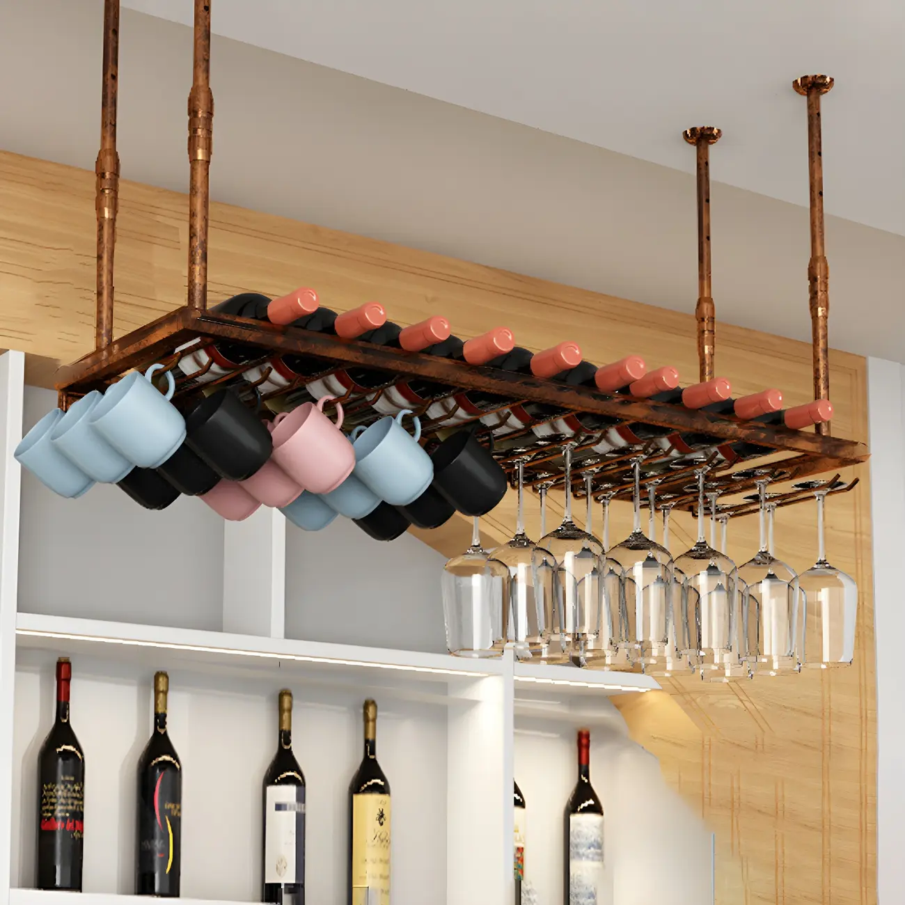 Industrial Metal Hanging Wine Rack with Glass Holder