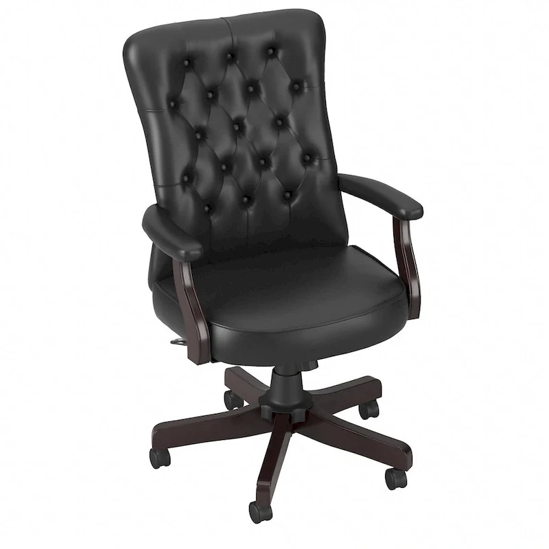High Back Tufted Office Chair with Arms - Espresso Wood Base