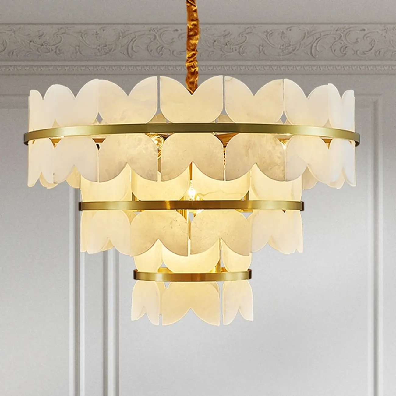 Luxurious Round Gold Tiered Alabaster Chandelier