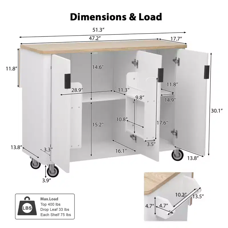 Rolling Solid Wood Kitchen Island with Rubberwood Top, 3 Drawers, 2 Cabinets, Adjustable Shelves, Spice Rack & Locking Wheels  Painted Finish