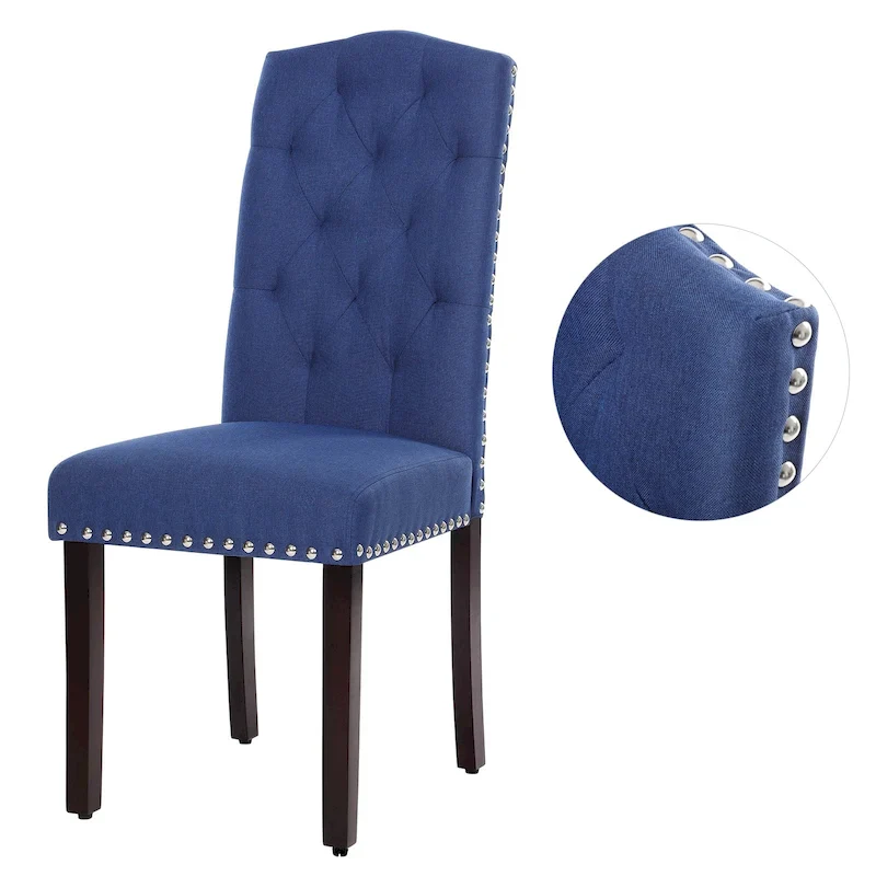 Solid Wood Tufted Dining Chairs, Kitchen Dining Room Chairs with Bronze Nailhead Trim Set of 2