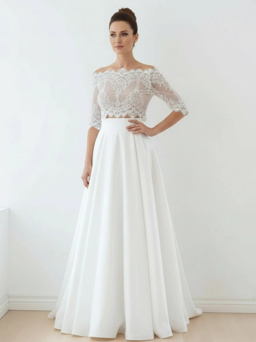 Off-The-Shoulder Lace A-Line Satin Two-Piece Wedding Dress With Sweep Train
