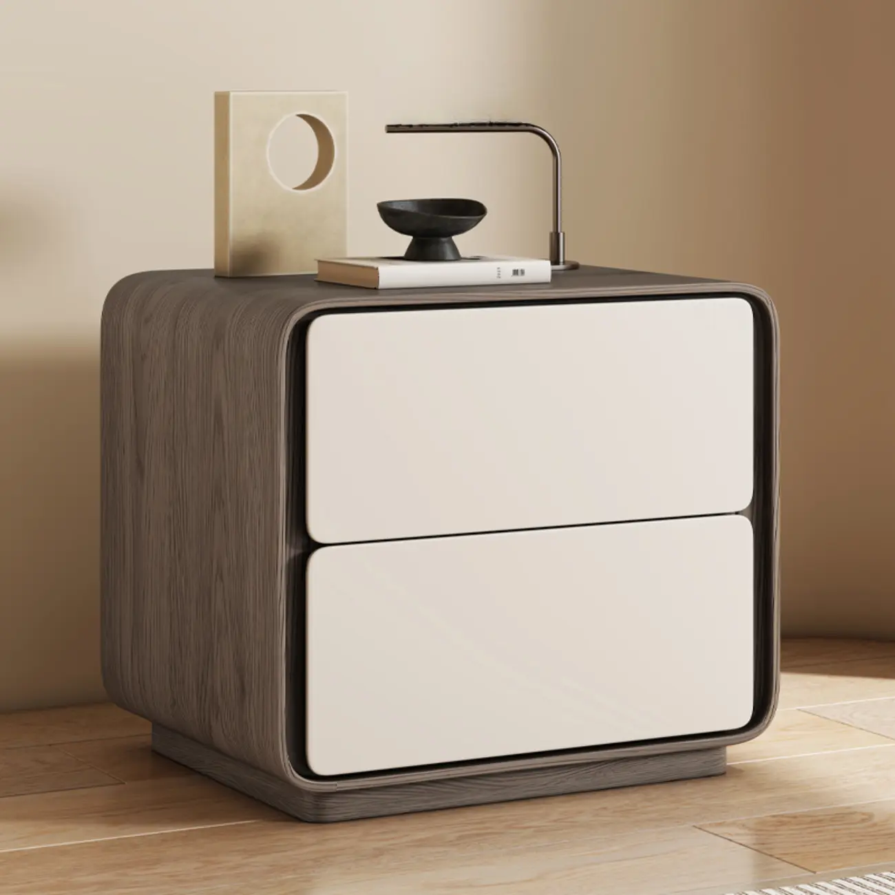 Modern Faux Leather Wood Top 2 Drawers Nightstand