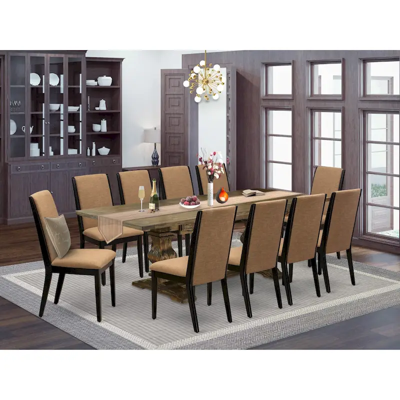 East West Furniture 11 Piece Dining Table Set- a Wooden Table and 10 Linen Fabric Upholstered Chairs(Finish Options)