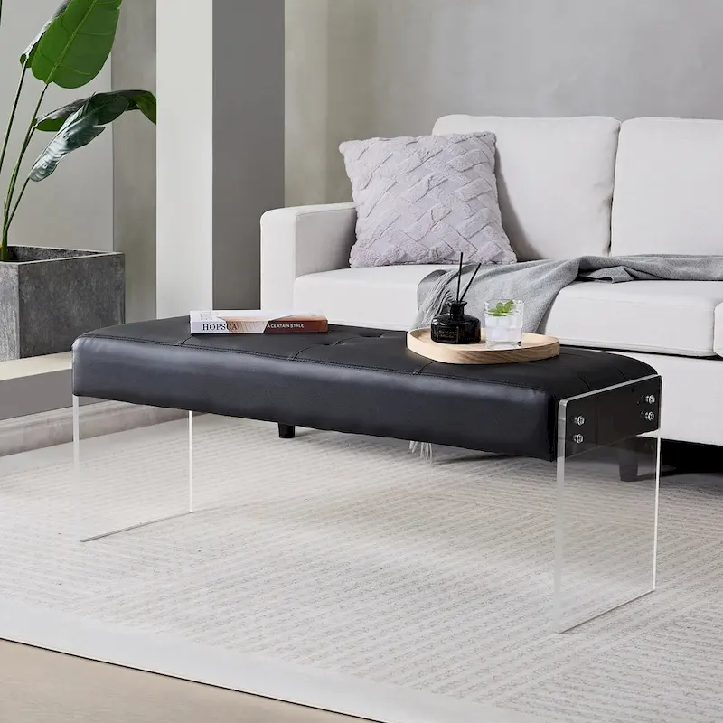 Faux Leather Upholstered Bench with Acrylic Base — 44.7