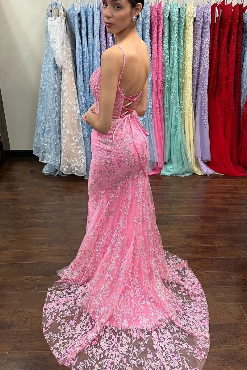 Mermaid Pink Lace Appliques Long Prom Dress