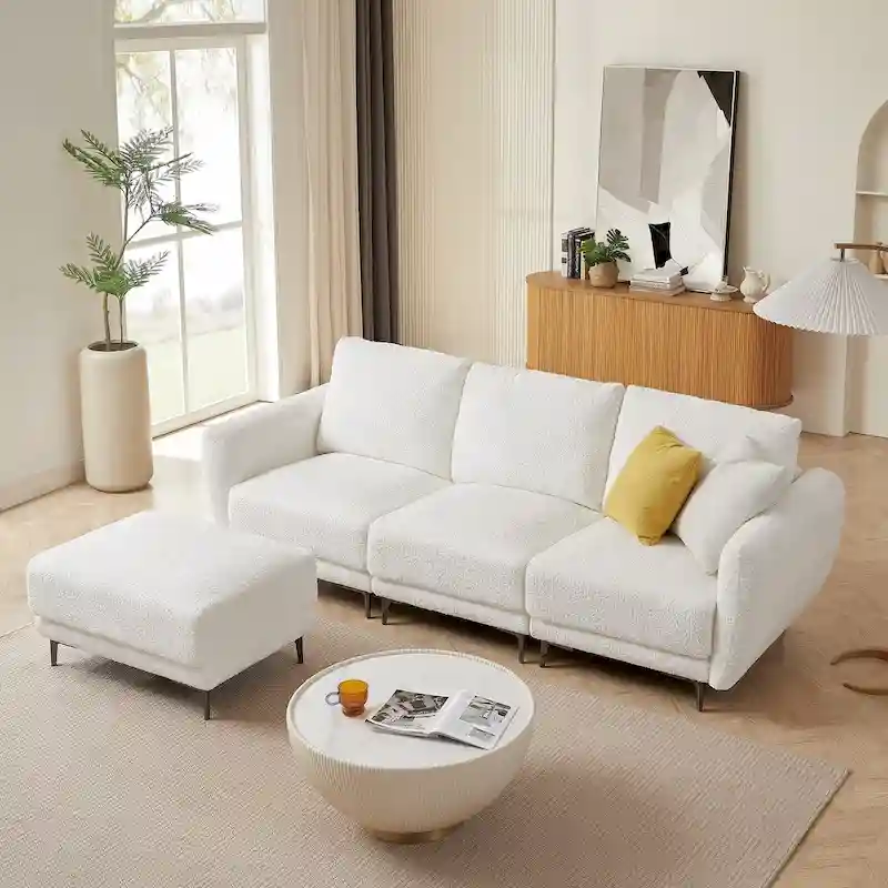 Convertible Sectional Sofa Couch, 3 Seat L-Shaped Sofa with Lamb Fabric, Movable Ottoman
