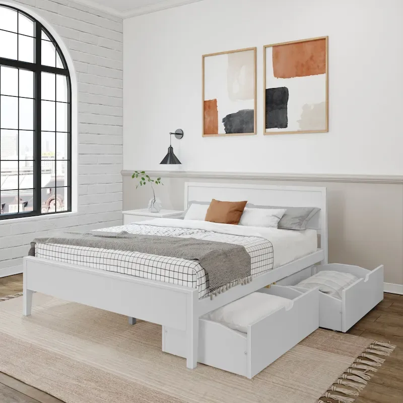 White / Clay Queen-Size Bed with Panel Headboard & Storage Drawers – Seats 2