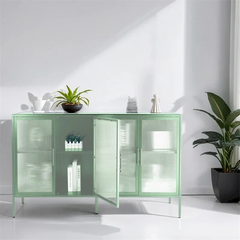 4-Door Sideboard Cabinet, Fluted Glass Doors, Adjustable Shelf, Steel Frame, Anti-Tip Device, Blue / Black / Mint Green, 1-Person Use