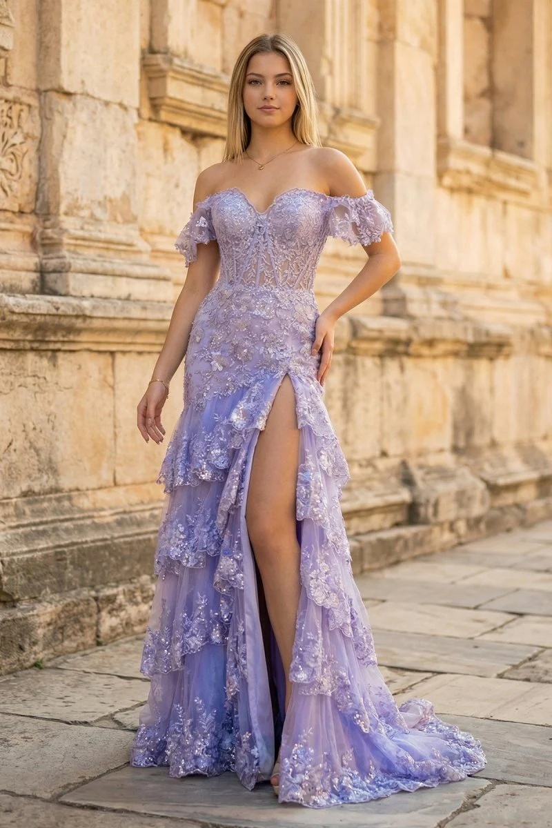 Sheath Off the Shoulder Long Lace Prom Dress (Lace-up Back)