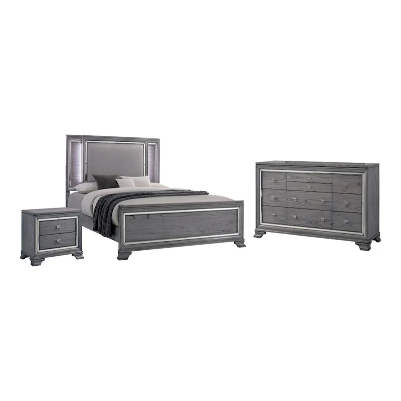 Taia Contemporary Grey 3-Piece Panel Bed, Nightstand and Dresser with LED