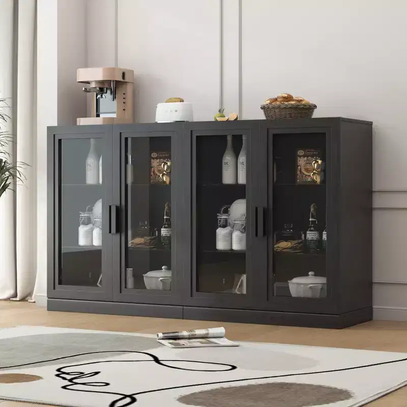 36x62x16 Wood Accent Sideboard Cabinet in Black, Storage Organizer with Adjustable Shelves and Glass Doors for Kitchen Bedroom Living/Dinning Room