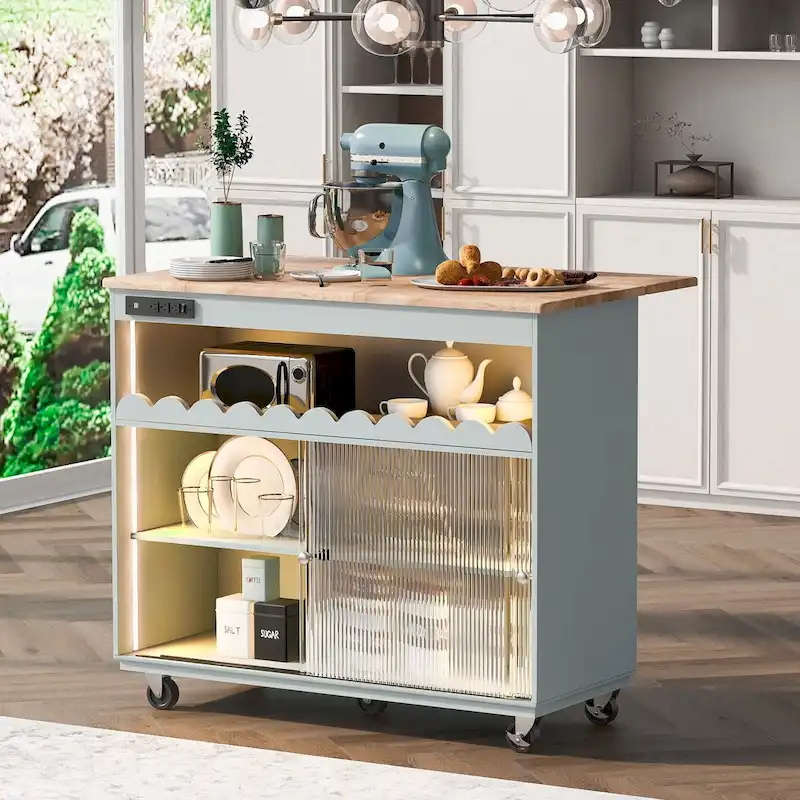 44 in. W Kitchen Island Rubberwood Drop-Leaf Countertop on 5 Wheels with Open Shelf and Wine Rack - 44