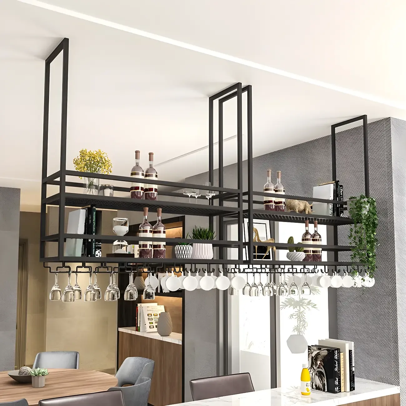 Black Metal Large Hanging Wine Rack with Glass Holder