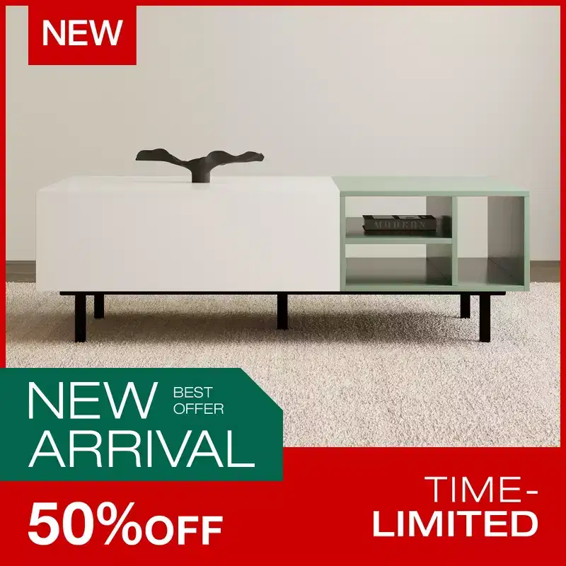 Luck Live Modern Living Room Coffee Table with 2 Drawers, Two-Tone Design, Open Shelves, Hidden Handle & Metal Legs