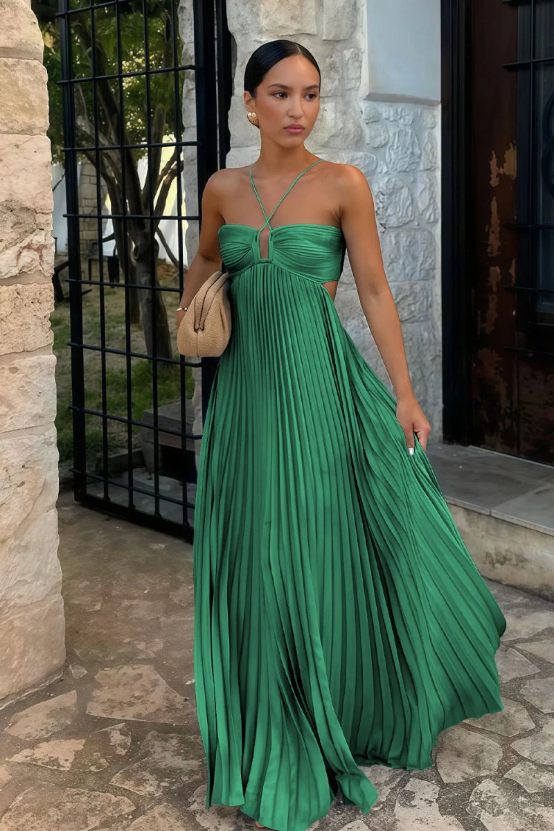 Sky Blue Halter Pleated Satin A Line Prom Dresses With Cutout