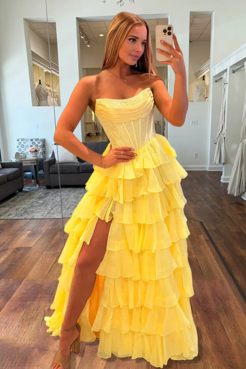 Yellow - A Line Strapless Chiffon Beaded Corset Long Prom Dress With Slit