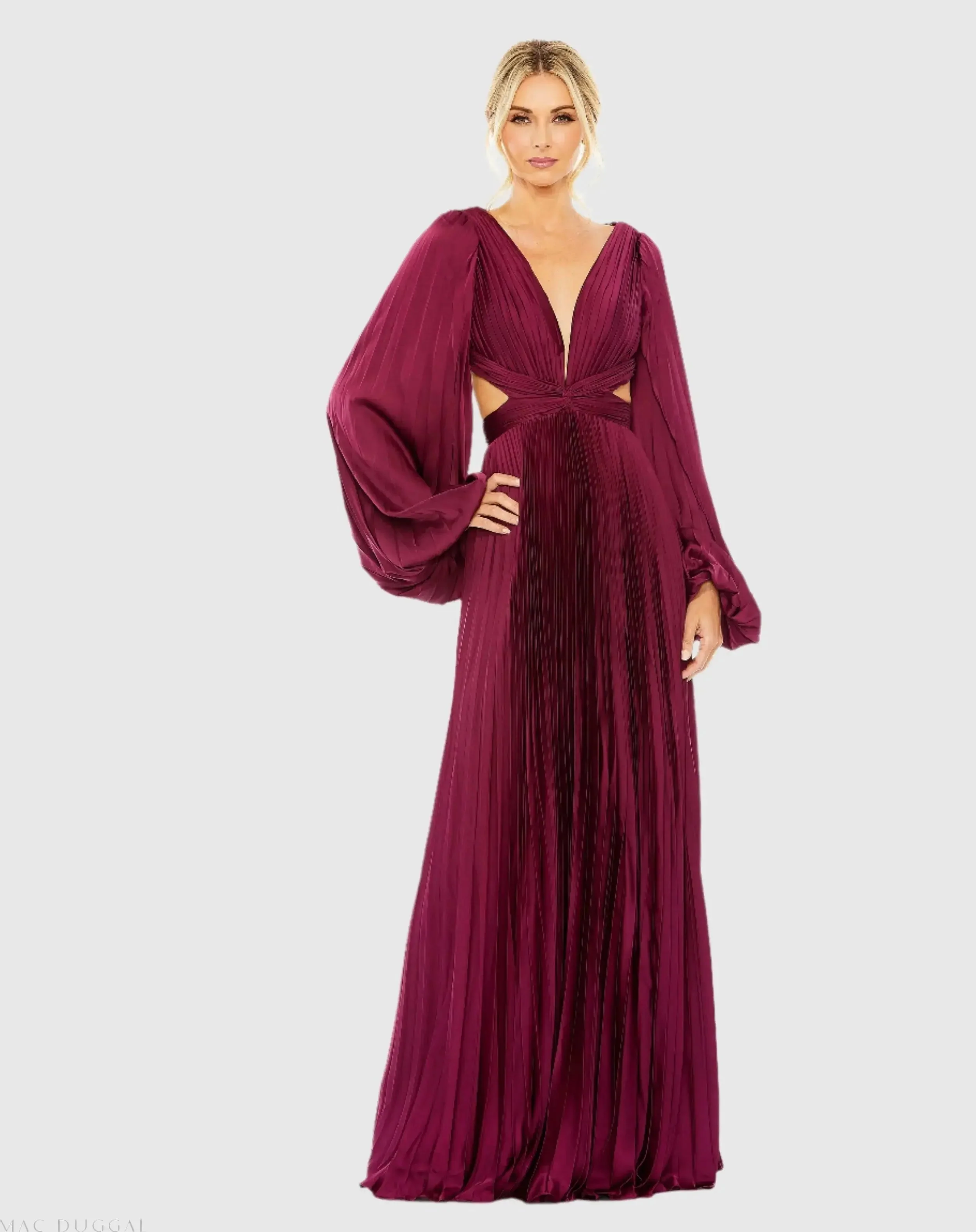 Red Long Sleeve Pleated Charmeuse Cut Out Gown