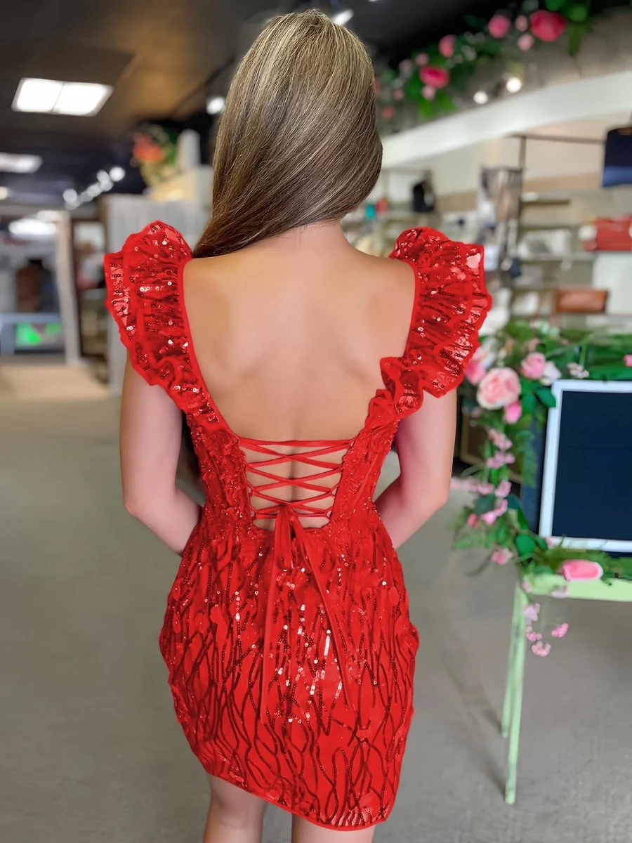 Red - Bodycon Off The Shoulder Sequins Short Homecoming Dresses