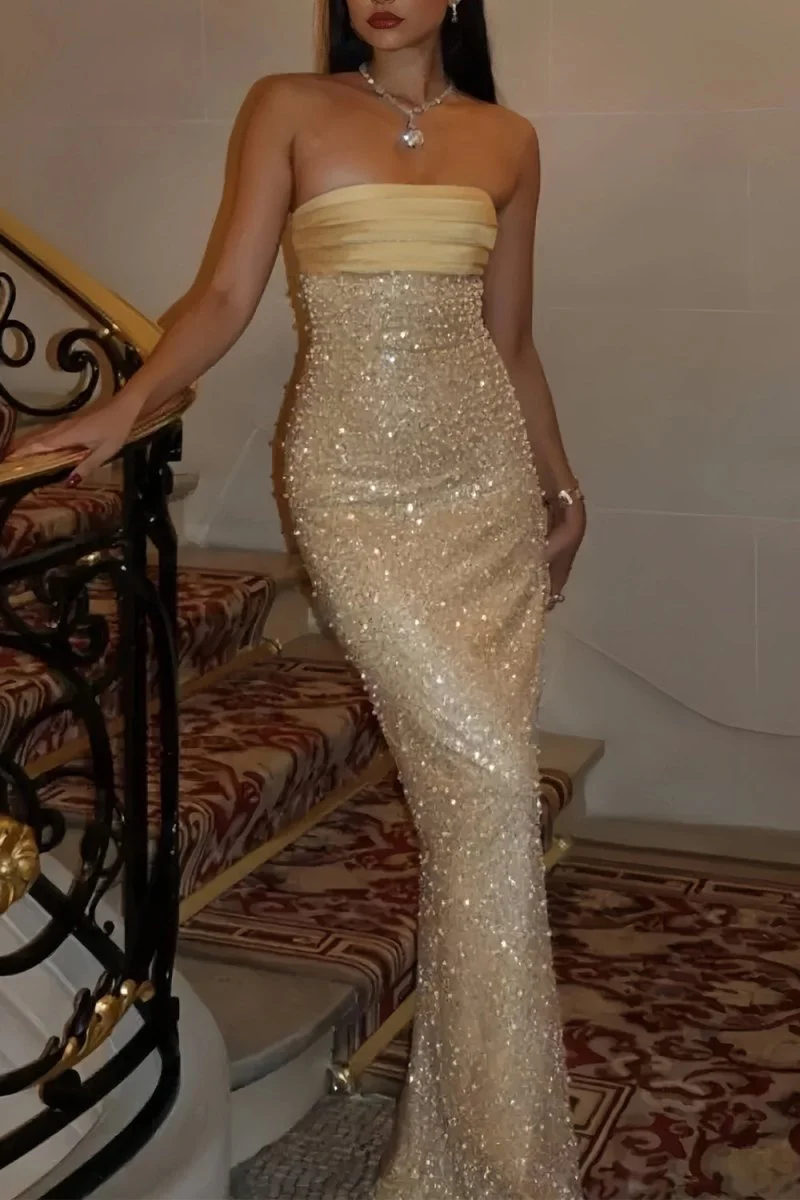 Gold - Strapless Mermaid Sequined Pleated Long Prom Dresses With Pearls