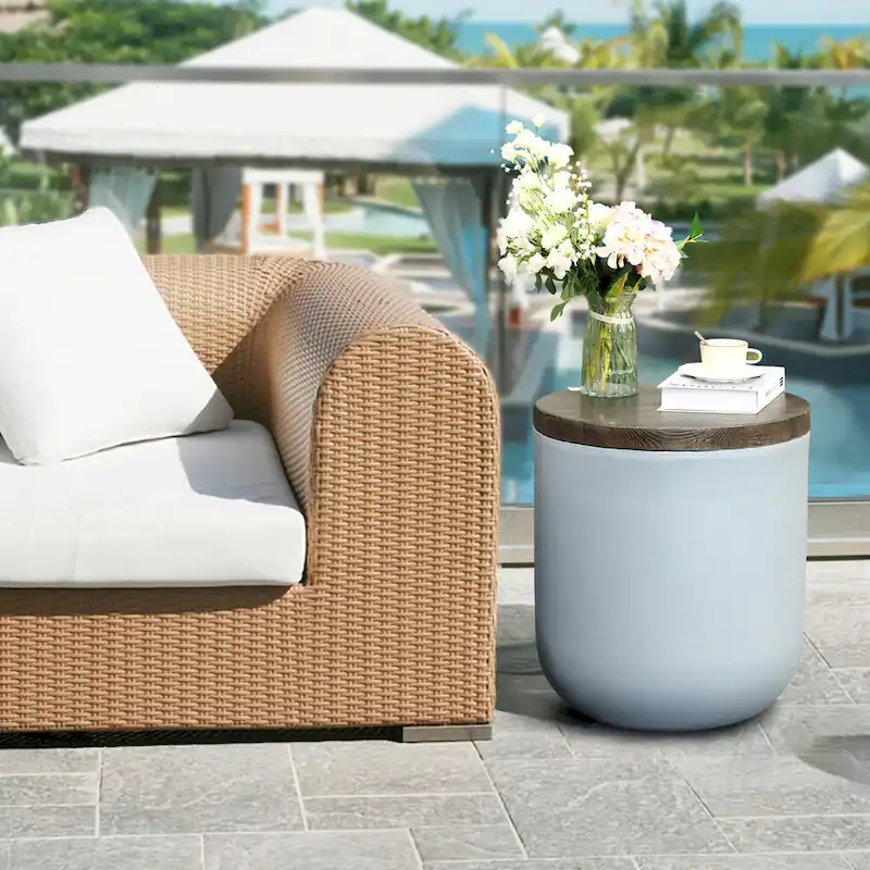 Grey and Brown MgO Round Side Table, Indoors and Outdoors