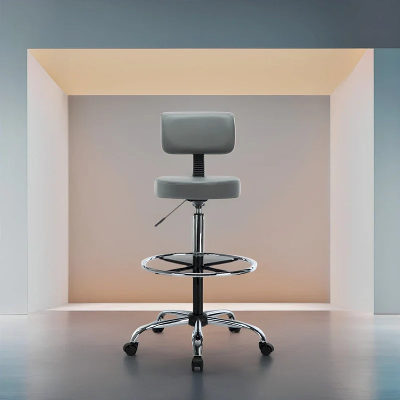 Height Adjustable Drafting Stool - With Premium Leather, Rolling Wheels