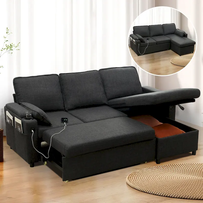 80 L-Shaped Sofa Couch Bed, Sofa Sleeper with Pull Out Bed, Reversible Sleeper Sofa Bed