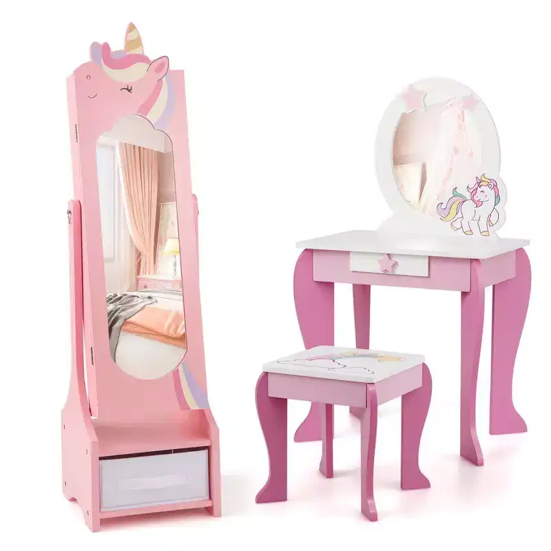 Costway Kids Vanity Set Princess Makeup Dressing Table & Chair Set with Kids Jewelry Armoire White/Pink