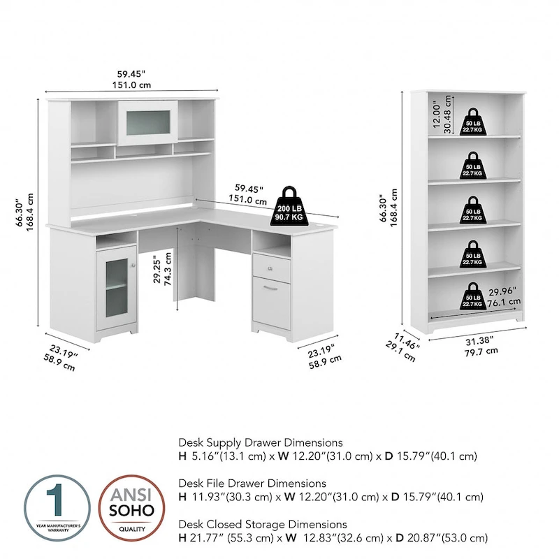 Cabot 60W L-Desk with Hutch and 5 Shelf Bookcase by Bush Furniture