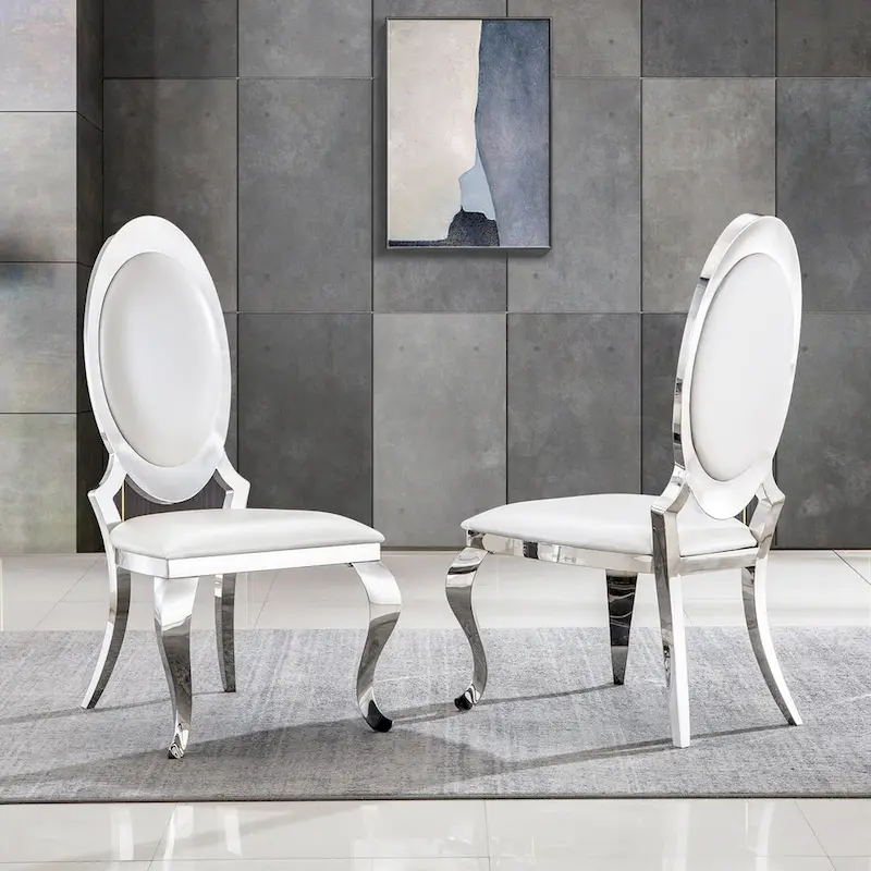 White Faux Leather Dining Chairs, Silver Cabriole Legs, Mid-Century Style, Set of 2