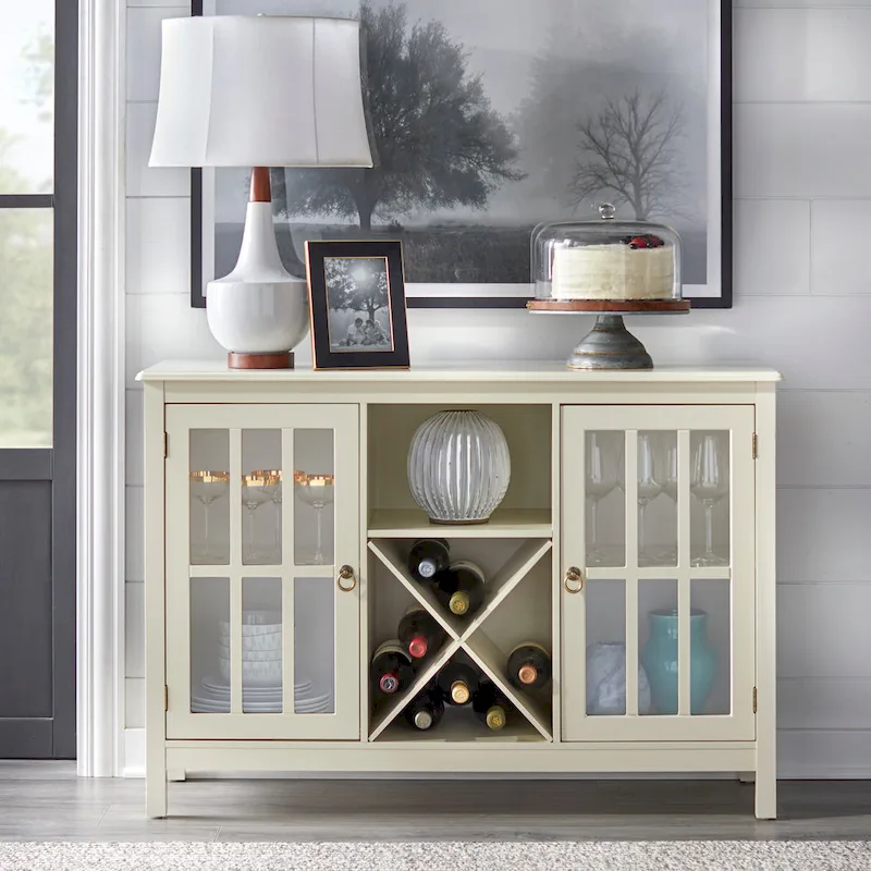 Red / Black / Antique White 2-Door Glass Wine Buffet Sideboard, Holds 12 Bottles