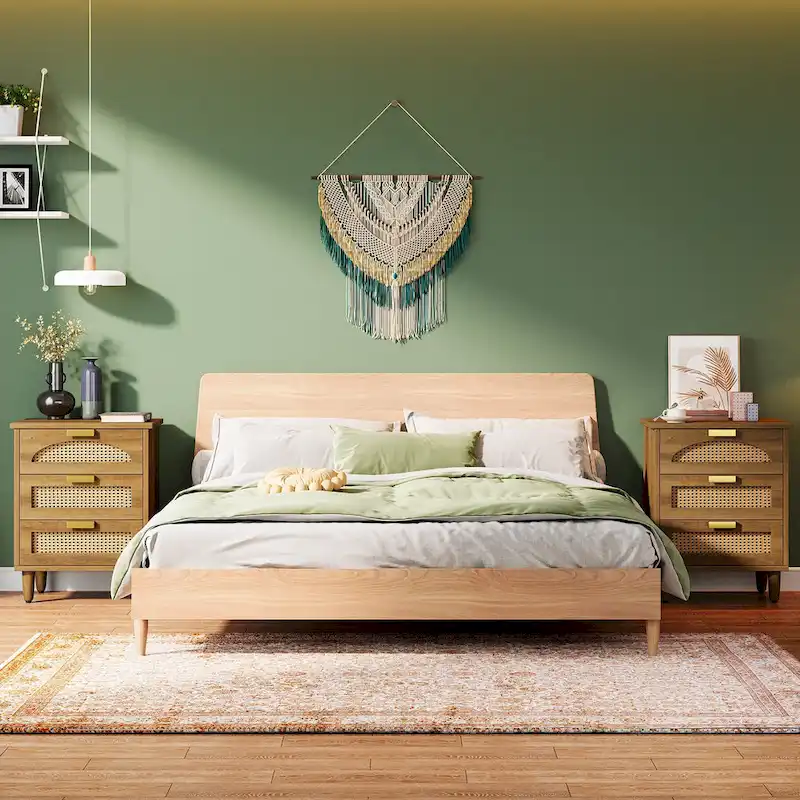 Wood and Rattan 3-Drawer Nightstand with Metal Handles