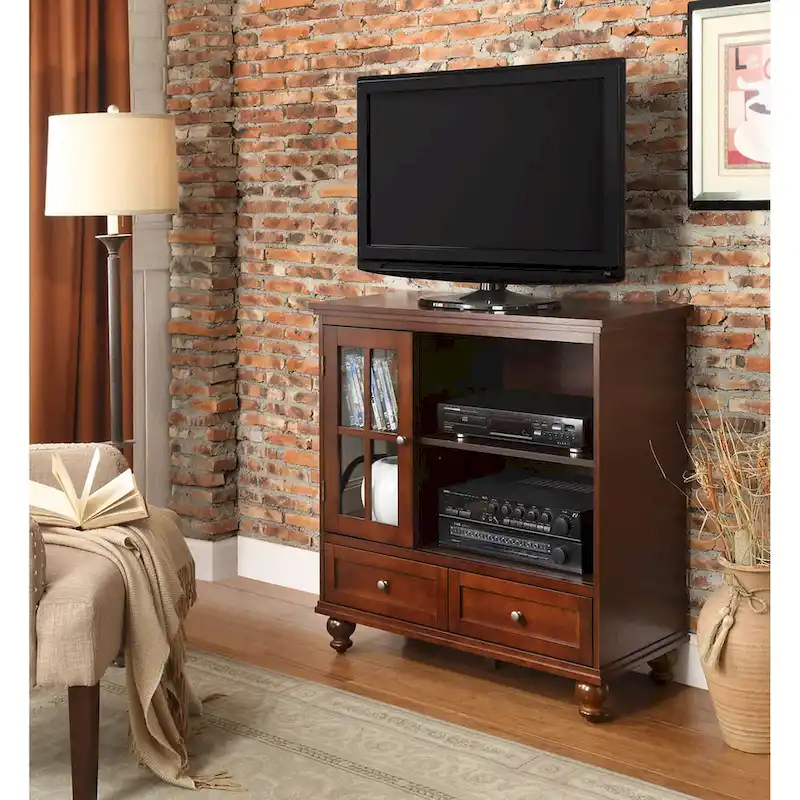 Highboy TV Stand 40 with 2 Drawers, Storage Cabinet & Shelves - Glass Door, Antique Brass, 80 lbs Capacity