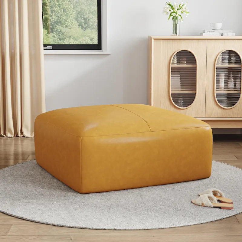 Brown / Blue Square Leather Ottoman, 35