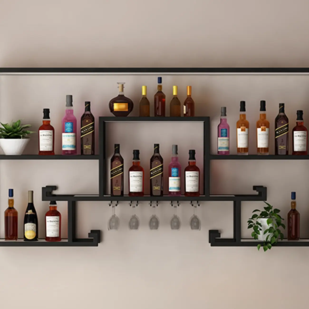 Multi-Shelf Metal Wall-Mounted Wine Bottle & Glass Rack