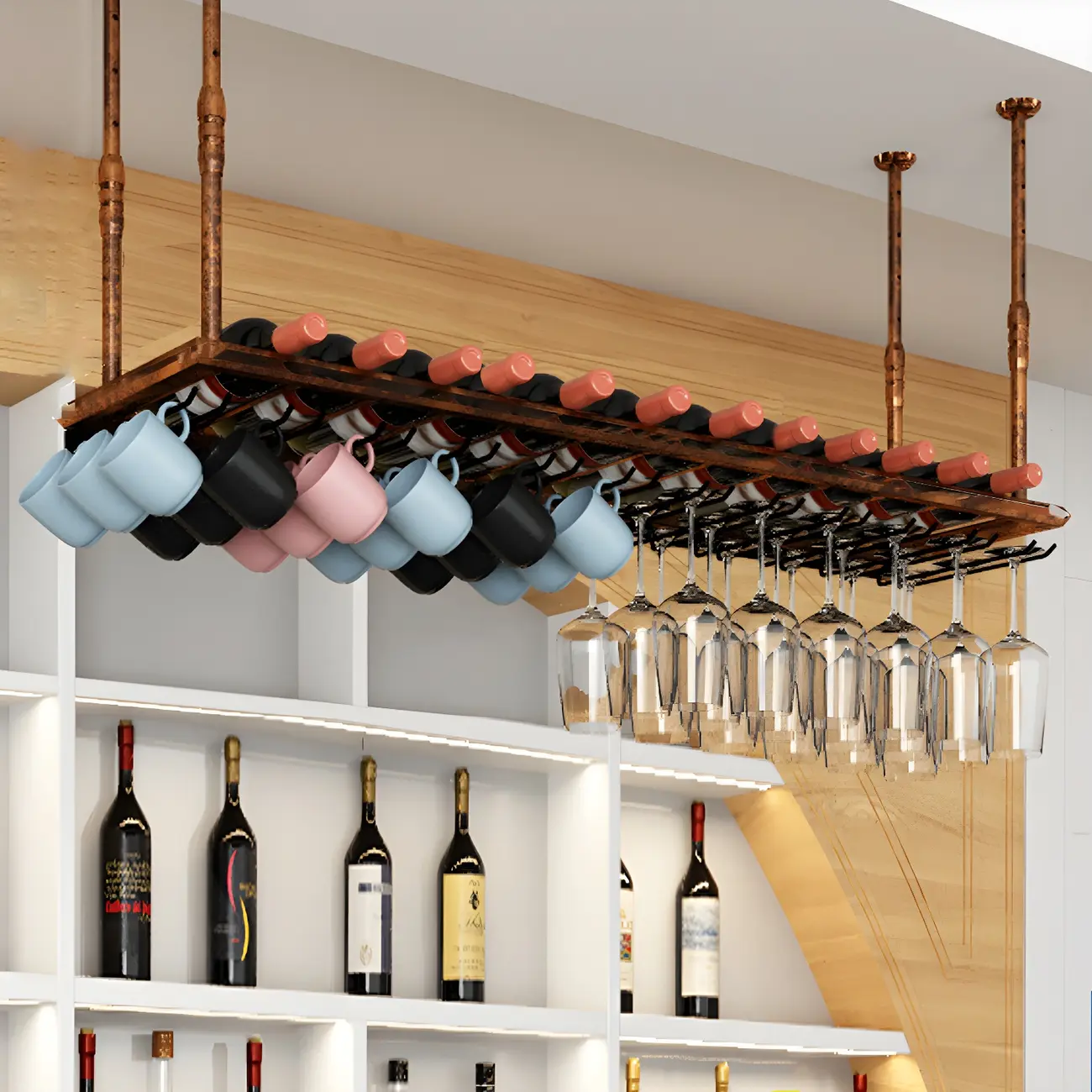 Industrial Metal Hanging Wine Rack with Glass Holder